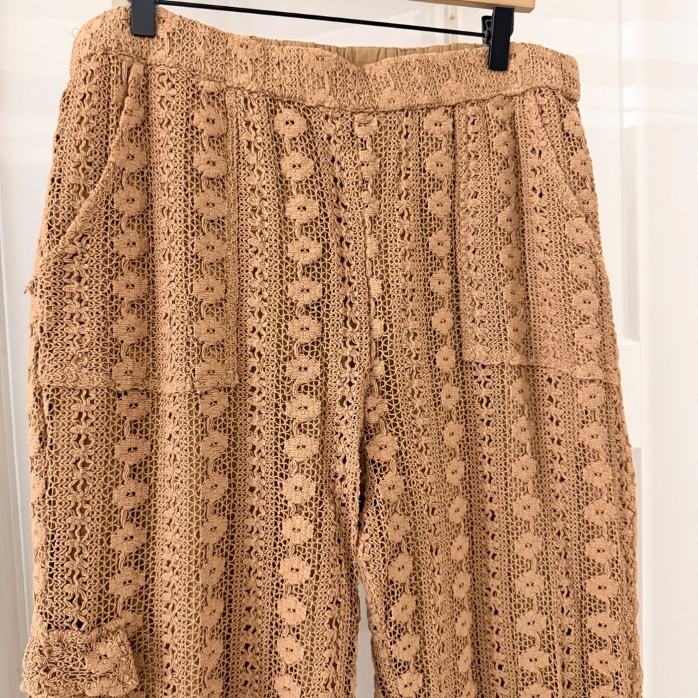 Anthropologie Crochet Cargo Pants Tan Brown Wide Leg XL Boho Beachy Coastal Knit - Picture 10 of 10